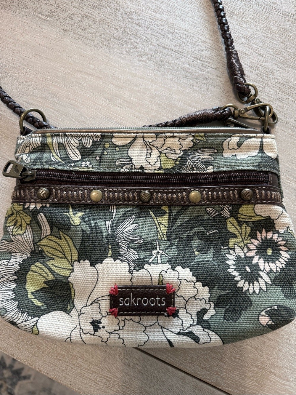 Sakroots Campus Mini Crossbody Bag Green Floral Jute Cotton Braided Strap